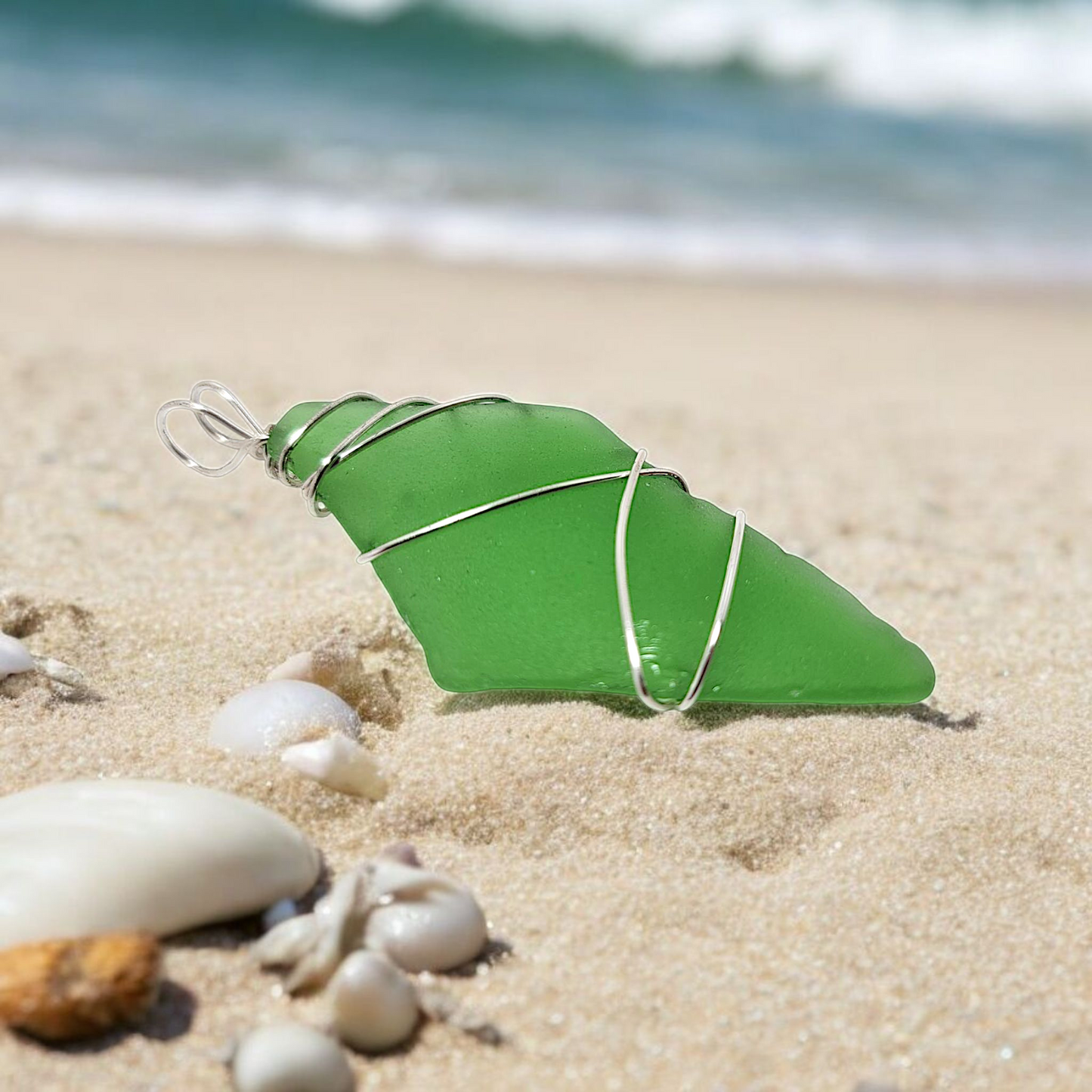 Emerald Tide- Hand Wrapped Sea Glass Pendant