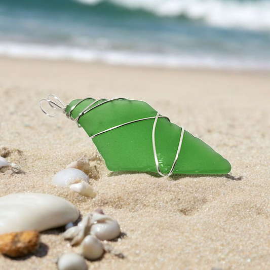 Emerald Tide- Hand Wrapped Sea Glass Pendant