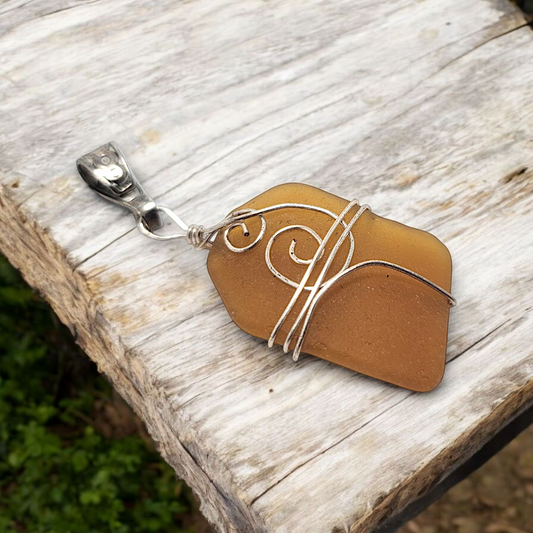 Amber Coast- Hand Wrapped Sea Glass Pendant