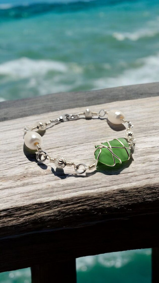 Emerald Shore- Hand Wrapped Sea Glass Bracelet
