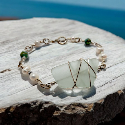 Coastal Calm- Hand Wrapped Sea Glass Bracelet