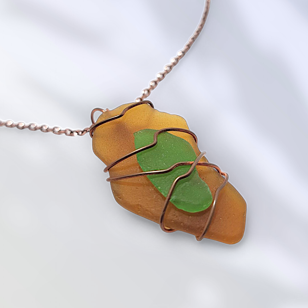 Amber & Emerald Harmony- Hand Wrapped Sea Glass Pendant