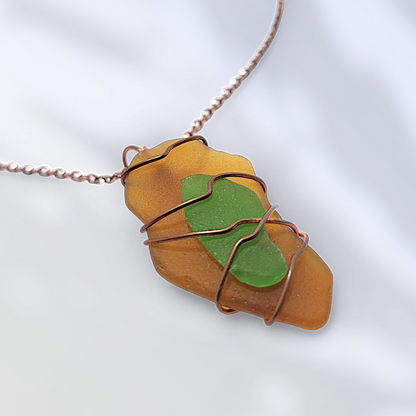 Amber & Emerald Harmony- Hand Wrapped Sea Glass Pendant