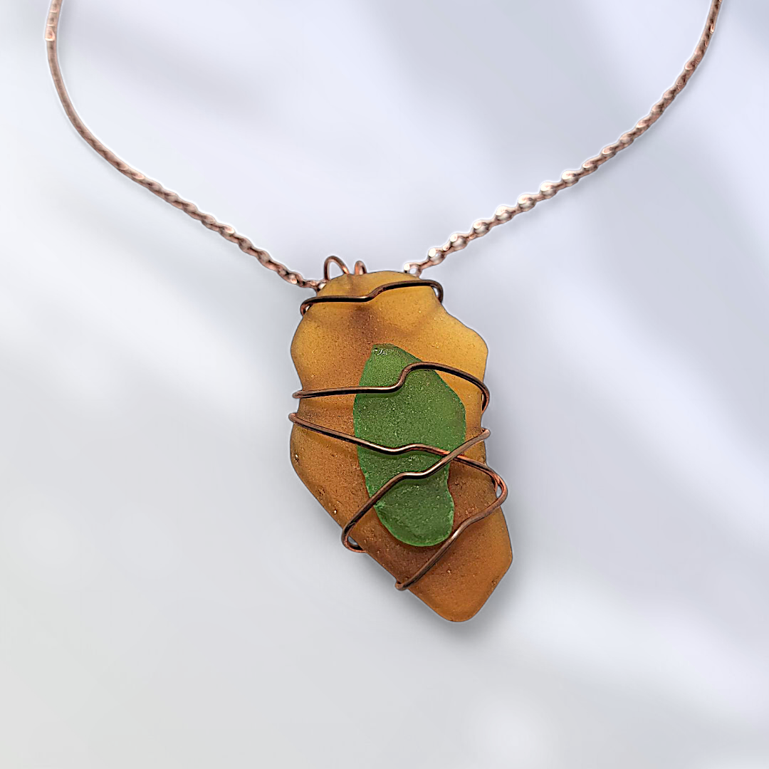 Amber & Emerald Harmony- Hand Wrapped Sea Glass Pendant